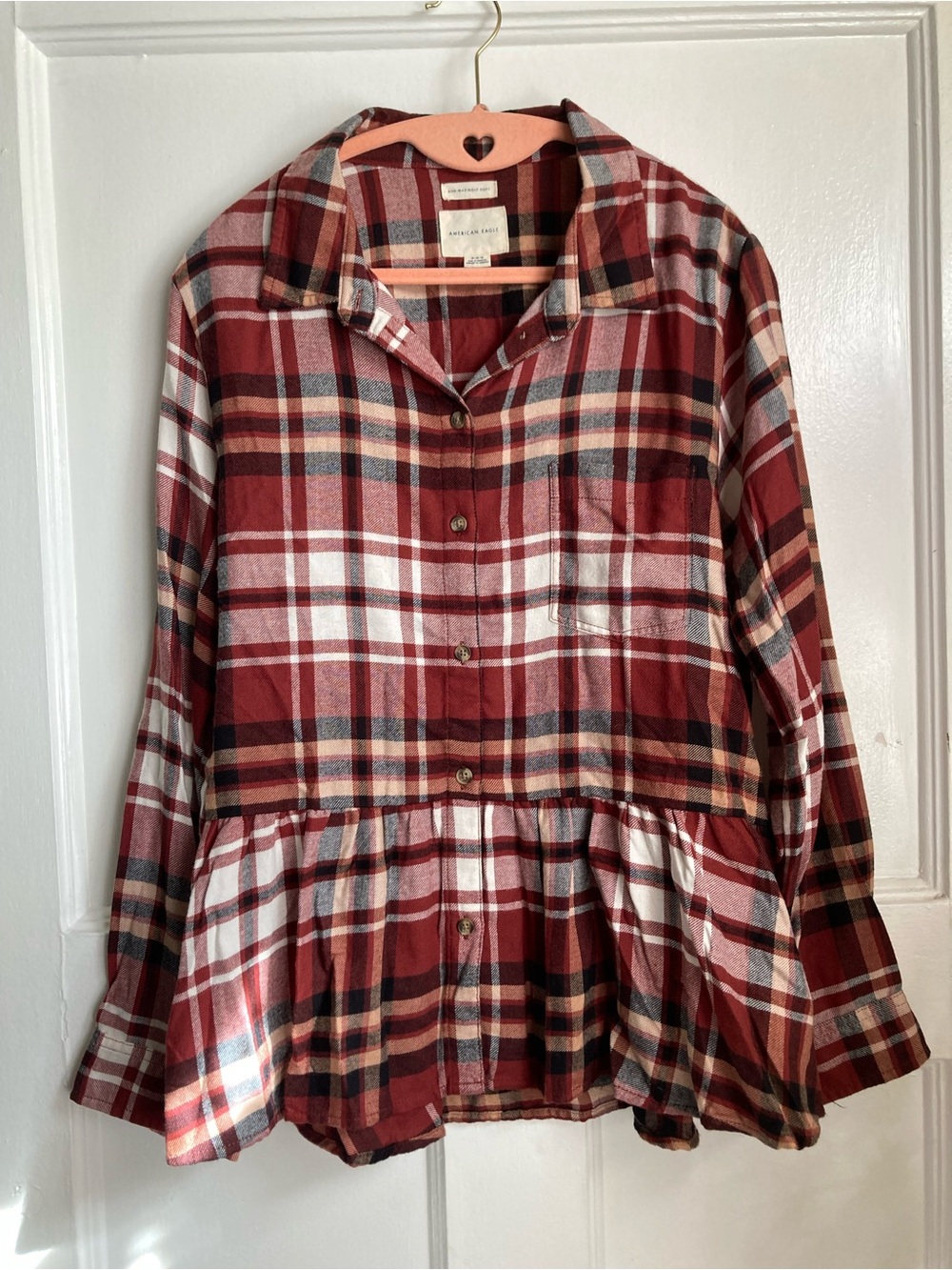 American Eagle Outfitters Red Plaid Button-Up Peplum Top